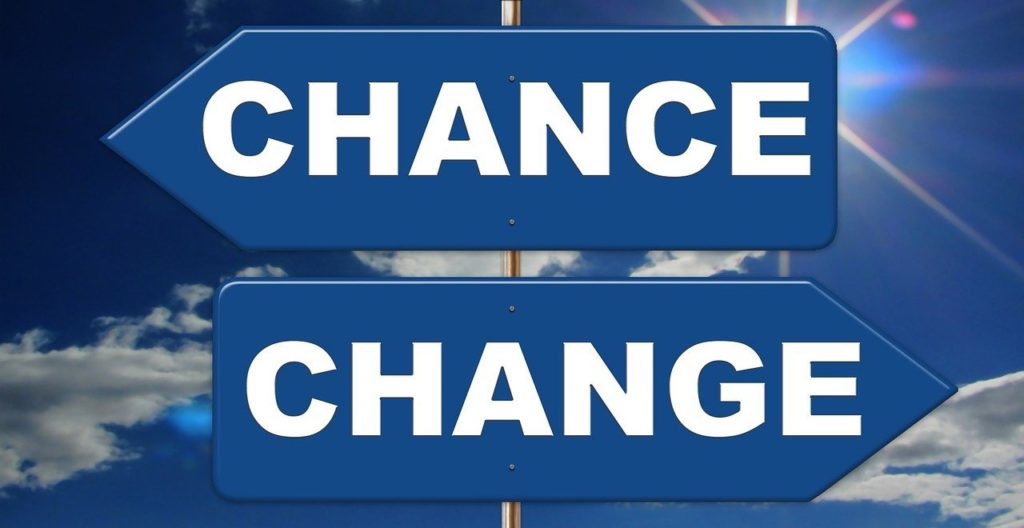 Two blue arrow signs. The one pointing left says Chance, the one pointing right says Change